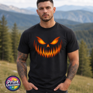 Orange Face model Orange pumpkin face with narrowed eyes and a jagged grin on a black unisex T-shirt male model - Print Unleashed