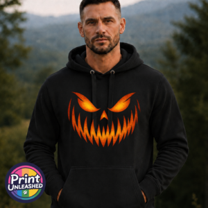 Orange Face model Model wearing a black Everyday Hoodie with an orange pumpkin face featuring narrowed eyes and a jagged grin - Print Unleashed