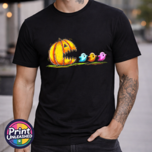 Orange pumpkin with an open jagged mouth facing three colourful ghosts in a retro arcade-inspired design, printed on a unisex T-shirt model - Print Unleashed