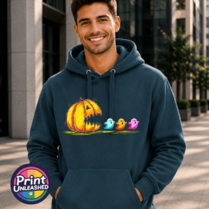 Orange pumpkin with an open jagged mouth facing three colourful ghosts in a retro arcade-inspired design, printed on a Premium Hoodie model - Print Unleashed