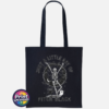 Black tote bag featuring a dancing skeleton surrounded by bats, stars, a crescent moon, a cat and ghost with Just a Little Ray of Pitch Black lettering - Print Unleashed