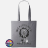 Slate tote bag featuring a dancing skeleton surrounded by bats, stars, a crescent moon, a cat and ghost with Just a Little Ray of Pitch Black lettering - Print Unleashed
