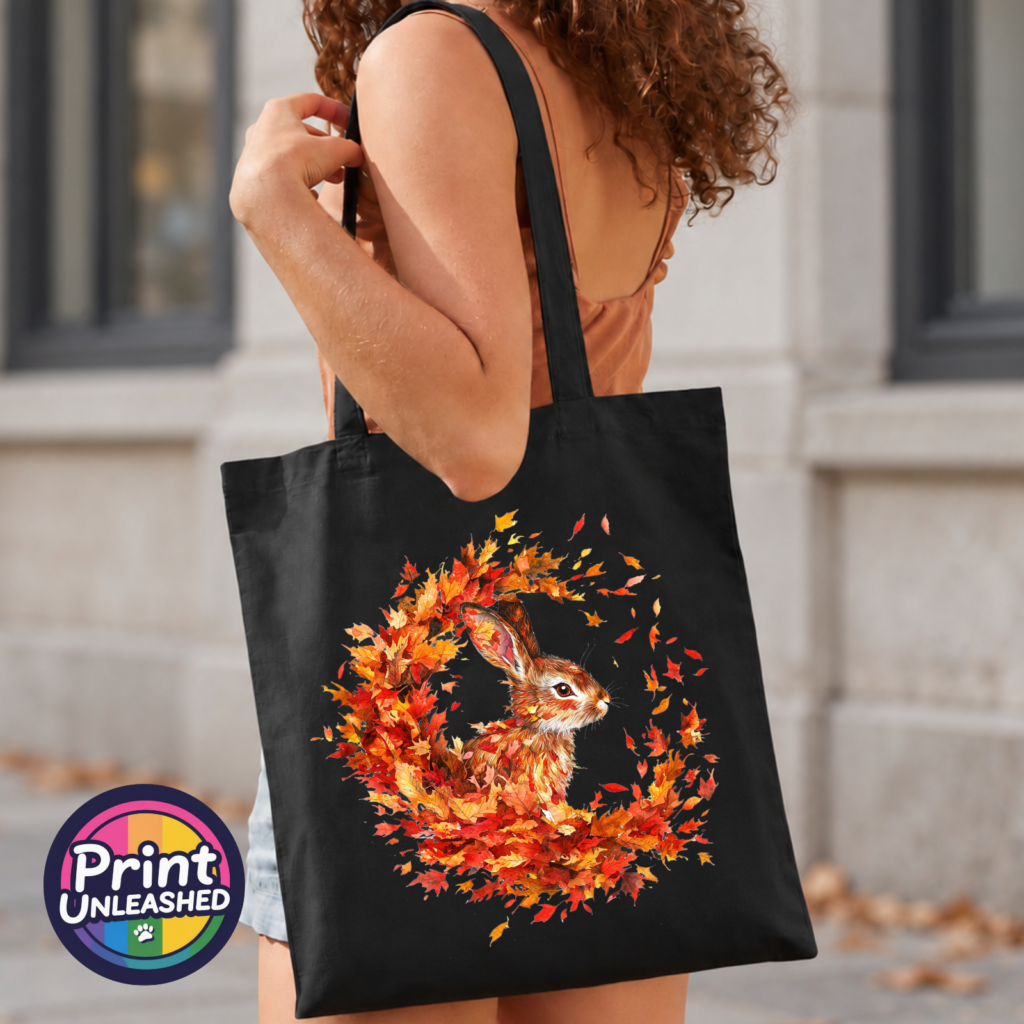 Rabbit framed by swirling red, orange and golden autumn leaves on a tote bag model - Print Unleashed