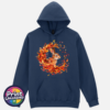 Rabbit framed by swirling red, orange and golden autumn leaves on a softstyle hoodie in blue dusk - Print Unleashed