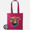 Highland cow portrait with a shaggy orange fringe, sweeping horns and vibrant blue, purple, yellow and green paint splashes printed on a tote bag cranberry - Print Unleashed
