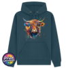 Highland cow portrait with a shaggy orange fringe, sweeping horns and vibrant blue, purple, yellow and green paint splashes printed on an indigo premium hoodie - Print Unleashed