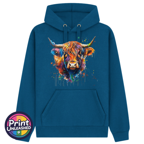 Highland cow portrait with a shaggy orange fringe, sweeping horns and vibrant blue, purple, yellow and green paint splashes printed on an ink blue premium hoodie - Print Unleashed