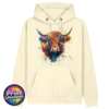 Highland cow portrait with a shaggy orange fringe, sweeping horns and vibrant blue, purple, yellow and green paint splashes printed on an ivory premium hoodie - Print Unleashed