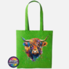 Highland cow portrait with a shaggy orange fringe, sweeping horns and vibrant blue, purple, yellow and green paint splashes printed on a tote bag kiwi - Print Unleashed