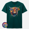 Highland cow portrait with a shaggy orange fringe, sweeping horns and vibrant blue, purple, yellow and green paint splashes printed on a unisex T-shirt marine green - Print Unleashed