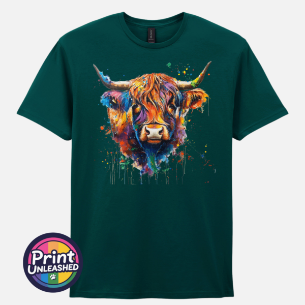 Rainbow Highland Cow marine Highland cow portrait with a shaggy orange fringe, sweeping horns and vibrant blue, purple, yellow and green paint splashes printed on a unisex T-shirt marine green - Print Unleashed