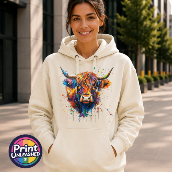 Highland cow portrait with a shaggy orange fringe, sweeping horns and vibrant blue, purple, yellow and green paint splashes printed on a premium hoodie model - Print Unleashed
