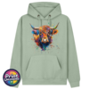 Highland cow portrait with a shaggy orange fringe, sweeping horns and vibrant blue, purple, yellow and green paint splashes printed on a sage premium hoodie - Print Unleashed