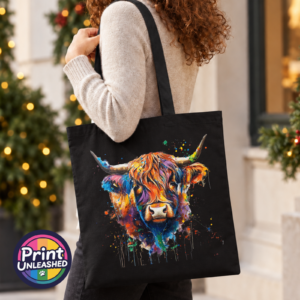 Highland cow portrait with a shaggy orange fringe, sweeping horns and vibrant blue, purple, yellow and green paint splashes printed on a tote bag model - Print Unleashed