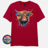 Highland cow portrait with a shaggy orange fringe, sweeping horns and vibrant blue, purple, yellow and green paint splashes printed on a unisex T-shirt antique cherry red - Print Unleashed