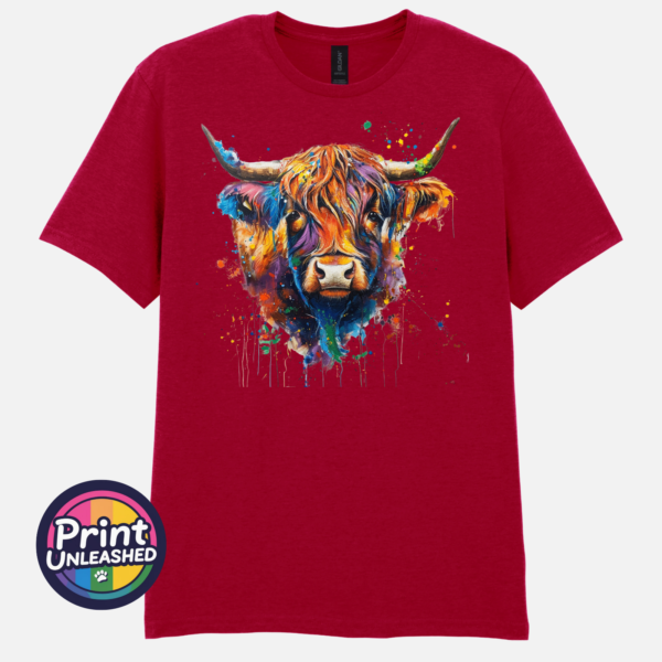 Rainbow highland cow ant ch red Highland cow portrait with a shaggy orange fringe, sweeping horns and vibrant blue, purple, yellow and green paint splashes printed on a unisex T-shirt antique cherry red - Print Unleashed