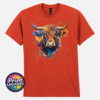 Highland cow portrait with a shaggy orange fringe, sweeping horns and vibrant blue, purple, yellow and green paint splashes printed on a unisex T-shirt antique orange - Print Unleashed