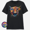 Highland cow portrait with a shaggy orange fringe, sweeping horns and vibrant blue, purple, yellow and green paint splashes printed on a unisex T-shirt black - Print Unleashed