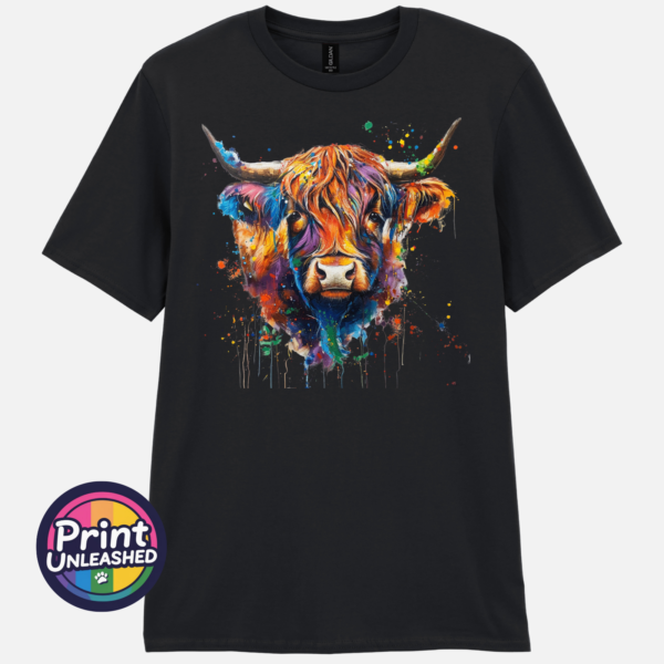 Rainbow highland cow black Highland cow portrait with a shaggy orange fringe, sweeping horns and vibrant blue, purple, yellow and green paint splashes printed on a unisex T-shirt black - Print Unleashed