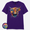 Highland cow portrait with a shaggy orange fringe, sweeping horns and vibrant blue, purple, yellow and green paint splashes printed on a unisex T-shirt dark purple - Print Unleashed