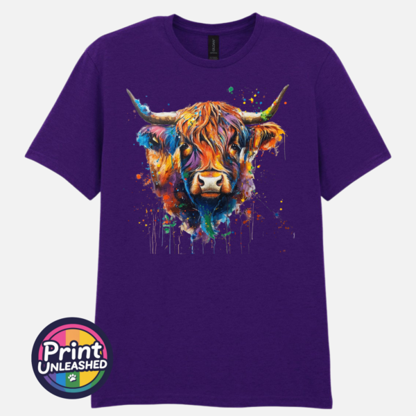 Rainbow highland cow fd purple Highland cow portrait with a shaggy orange fringe, sweeping horns and vibrant blue, purple, yellow and green paint splashes printed on a unisex T-shirt dark purple - Print Unleashed