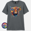 Highland cow portrait with a shaggy orange fringe, sweeping horns and vibrant blue, purple, yellow and green paint splashes printed on a unisex T-shirt charcoal - Print Unleashed