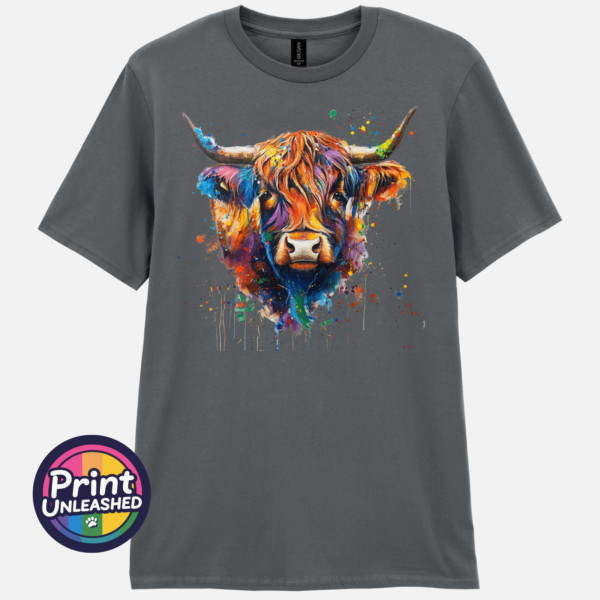Rainbow highland cow grey Highland cow portrait with a shaggy orange fringe, sweeping horns and vibrant blue, purple, yellow and green paint splashes printed on a unisex T-shirt charcoal - Print Unleashed