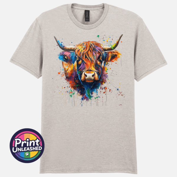 Rainbow highland cow ice grey Highland cow portrait with a shaggy orange fringe, sweeping horns and vibrant blue, purple, yellow and green paint splashes printed on a unisex T-shirt ice grey - Print Unleashed