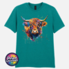 Highland cow portrait with a shaggy orange fringe, sweeping horns and vibrant blue, purple, yellow and green paint splashes printed on a unisex T-shirt jade - Print Unleashed