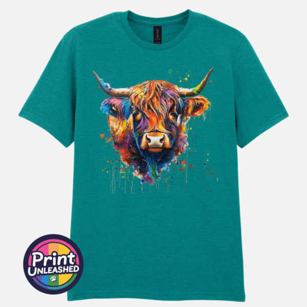 Rainbow highland cow jade Highland cow portrait with a shaggy orange fringe, sweeping horns and vibrant blue, purple, yellow and green paint splashes printed on a unisex T-shirt jade - Print Unleashed