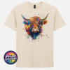 Highland cow portrait with a shaggy orange fringe, sweeping horns and vibrant blue, purple, yellow and green paint splashes printed on a unisex T-shirt natural - Print Unleashed