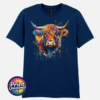 Highland cow portrait with a shaggy orange fringe, sweeping horns and vibrant blue, purple, yellow and green paint splashes printed on a unisex T-shirt navy - Print Unleashed