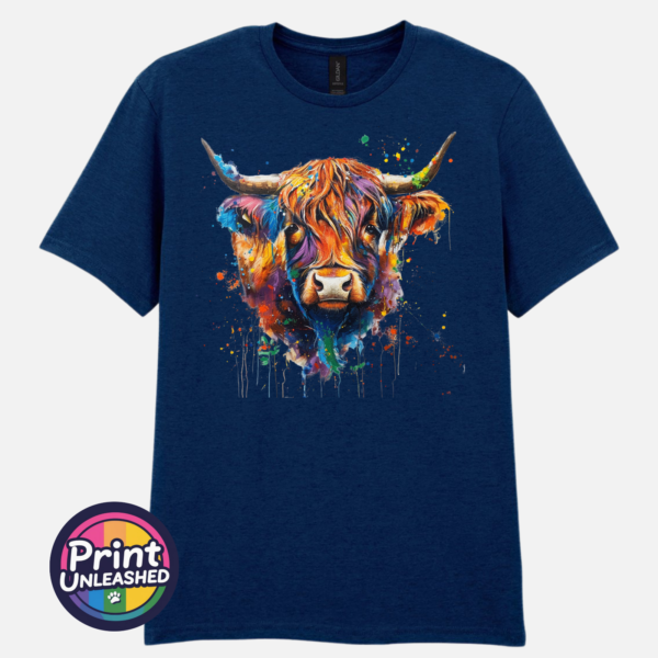 Rainbow highland cow navy Highland cow portrait with a shaggy orange fringe, sweeping horns and vibrant blue, purple, yellow and green paint splashes printed on a unisex T-shirt navy - Print Unleashed