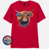 Highland cow portrait with a shaggy orange fringe, sweeping horns and vibrant blue, purple, yellow and green paint splashes printed on a unisex T-shirt red - Print Unleashed