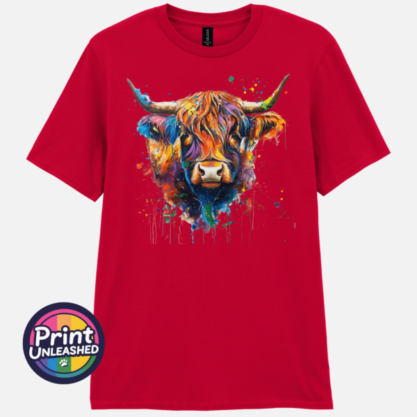 Rainbow highland cow red Highland cow portrait with a shaggy orange fringe, sweeping horns and vibrant blue, purple, yellow and green paint splashes printed on a unisex T-shirt red - Print Unleashed