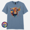 Highland cow portrait with a shaggy orange fringe, sweeping horns and vibrant blue, purple, yellow and green paint splashes printed on a unisex T-shirt stone blue - Print Unleashed