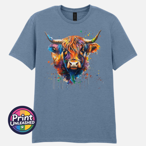 Rainbow highland cow stone blue Highland cow portrait with a shaggy orange fringe, sweeping horns and vibrant blue, purple, yellow and green paint splashes printed on a unisex T-shirt stone blue - Print Unleashed