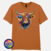 Highland cow portrait with a shaggy orange fringe, sweeping horns and vibrant blue, purple, yellow and green paint splashes printed on a unisex T-shirt texas orange - Print Unleashed