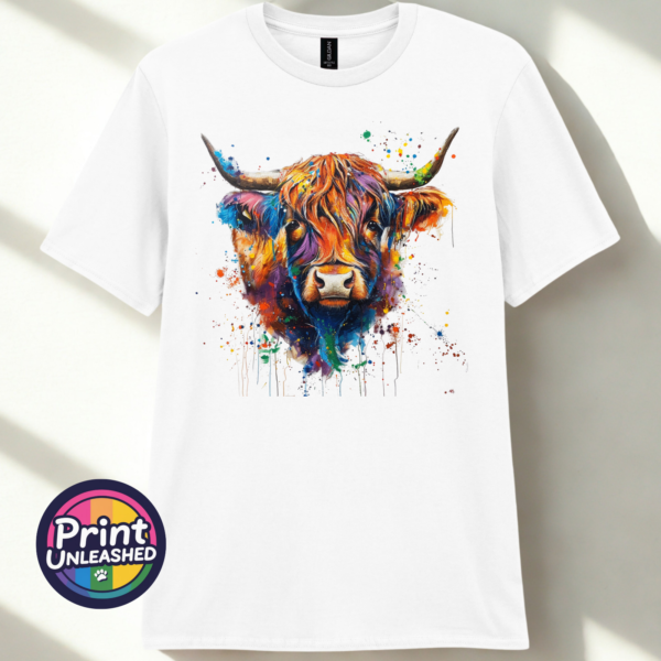 Rainbow highland cow white Highland cow portrait with a shaggy orange fringe, sweeping horns and vibrant blue, purple, yellow and green paint splashes printed on a unisex T-shirt white - Print Unleashed