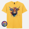Highland cow portrait with a shaggy orange fringe, sweeping horns and vibrant blue, purple, yellow and green paint splashes printed on a unisex T-shirt yellow - Print Unleashed