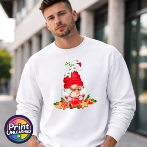 Christmas gonk in a red candy-cane-decorated hat holding a cream-topped cocoa mug, surrounded by iced biscuits, cinnamon and holly, printed on a white unisex sweatshirt male model - Print Unleashed