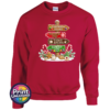 Gingerbread-style signpost pointing to Gingerbread Village, Peppermint Post, Cookie Kitchen and Gumdrop Lane, with sweets and biscuits, printed on a cherry red unisex sweatshirt - Print Unleashed