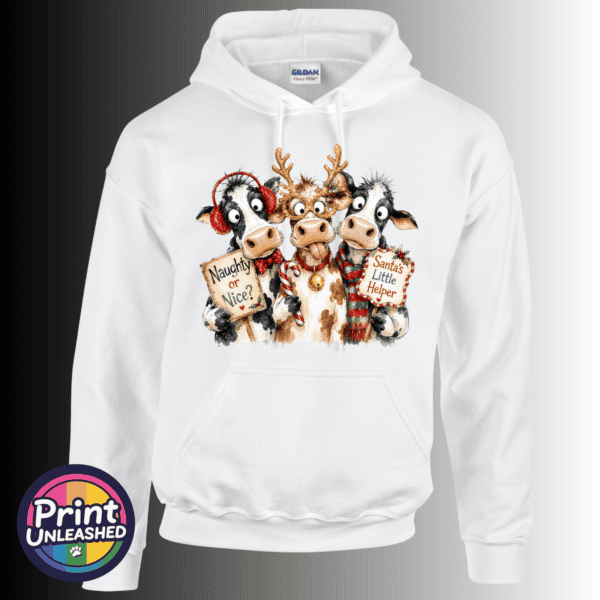 Three Christmas cows with reindeer antlers, earmuffs and signs reading Naughty or Nice and Santa’s Little Helper printed on a white unisex hoodie - Print Unleashed