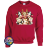 Three Christmas cows with antler glasses, earmuffs and Naughty or Nice and Santa’s Little Helper signs printed on a cherry red unisex sweatshirt - Print Unleashed