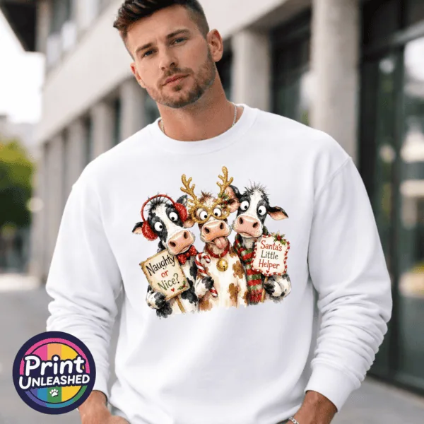Three Christmas cows with reindeer antlers, earmuffs and signs reading Naughty or Nice and Santa’s Little Helper printed on a white unisex sweatshirt male model - Print Unleashed