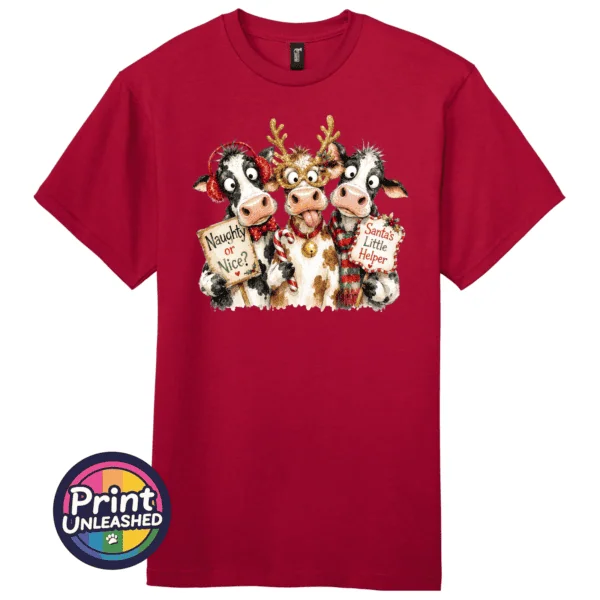 Three Christmas cows with antler glasses, earmuffs and Naughty or Nice and Santa’s Little Helper signs printed on a cherry red premium unisex T-shirt - Print Unleashed