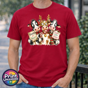 Three Christmas cows with antler glasses, earmuffs and Naughty or Nice and Santa’s Little Helper signs printed on a cherry red premium unisex T-shirt male model - Print Unleashed