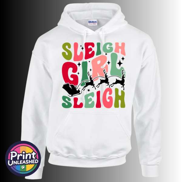 Sleigh Girl hoodie Colourful retro-style Sleigh Girl Sleigh lettering with black stars and a silhouette of Santa’s sleigh pulled by reindeer, printed on a white unisex hoodie - Print Unleashed