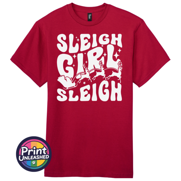 Sleigh Girl tee Bold retro-style Sleigh Girl Sleigh lettering with stars and a silhouette of Santa’s sleigh pulled by reindeer, printed on a Premium Unisex T-Shirt in cherry red - Print Unleashed