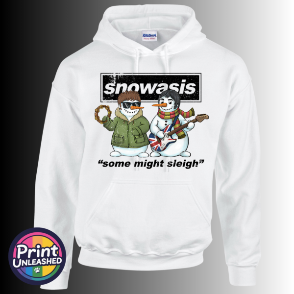 Snowasis hoodie Two musical snowmen with a tambourine and Union Jack guitar beneath Snowasis lettering and Some Might Sleigh wording, printed on a white unisex hoodie - Print Unleashed